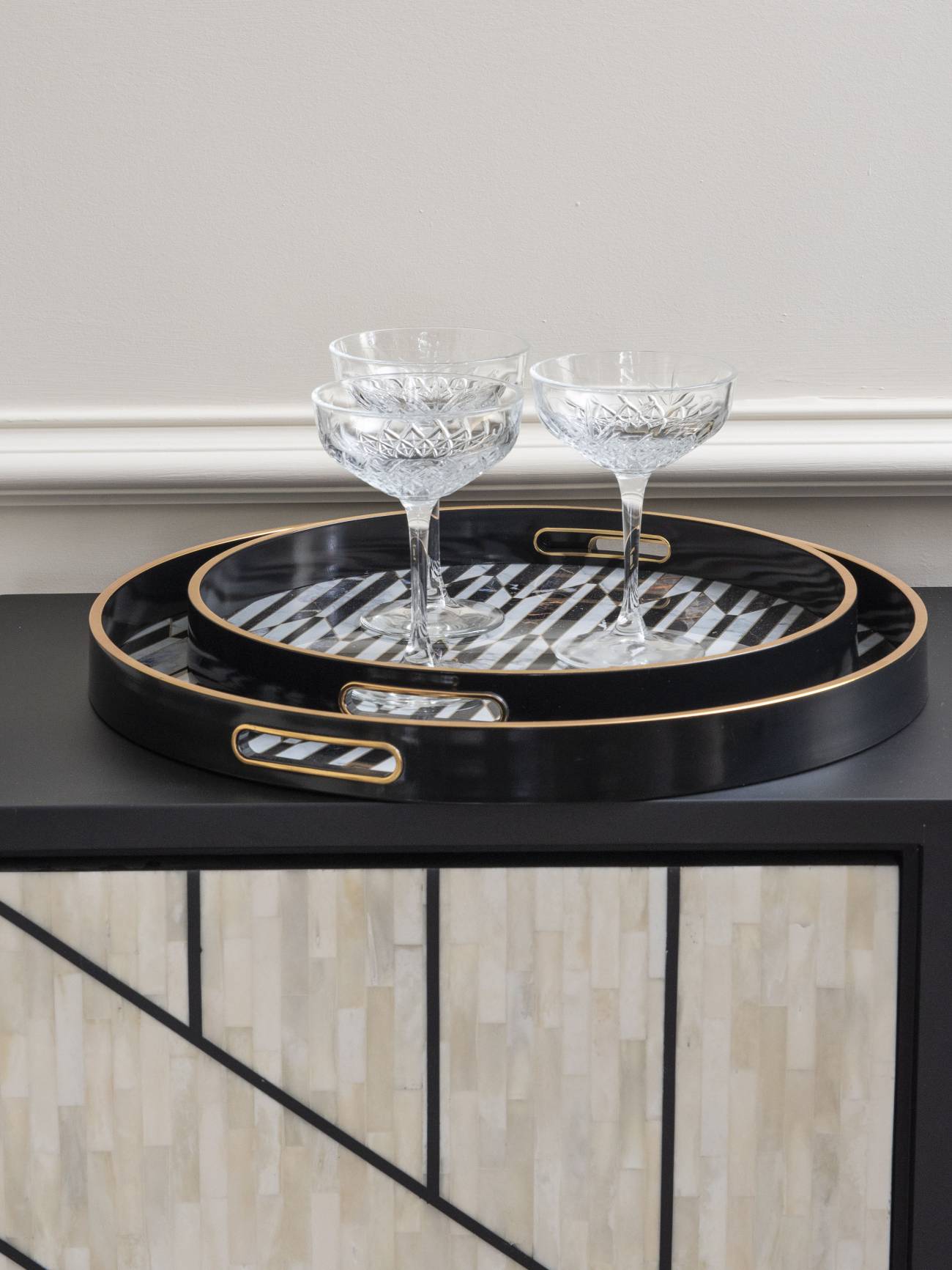 Black And Antique Gold Geometric Pattern Trays